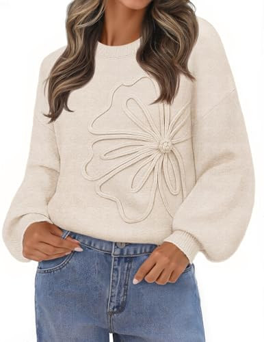 MEROKEETY Women's Winter Floral Sweater Crew Neck Lantern Sleeve 2025 Fall Trendy Warm Chunky Oversized Pullover Tops, Apricot, Medium | Amazon (US)