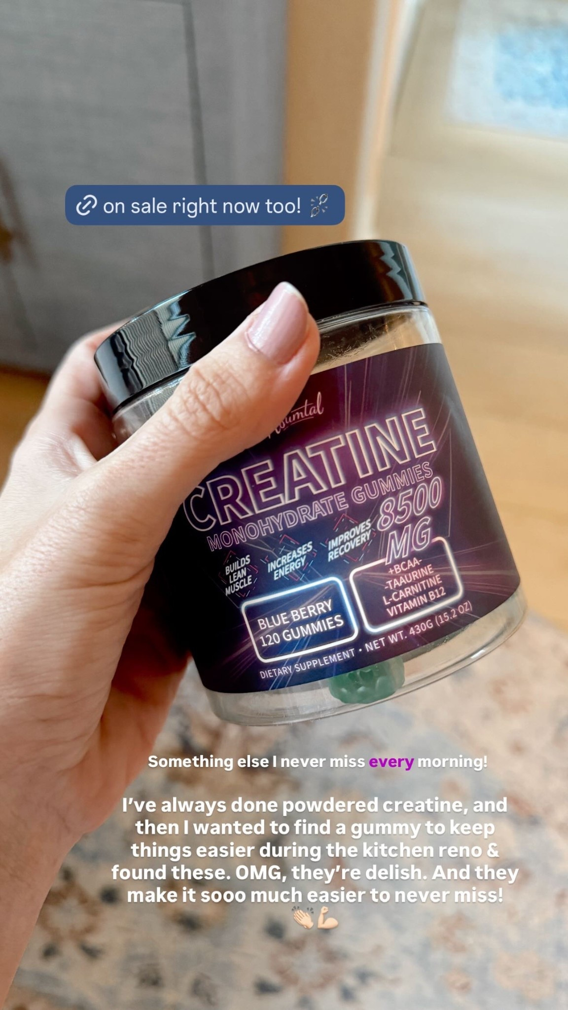 I’ve always done powdered creatine, and then I wanted to find a gummy to keep things easier during the kitchen reno & found these. OMG, they’re delish. And they make it sooo much easier to never miss! 
👏🏻💪🏻 Something else I never miss every morning!