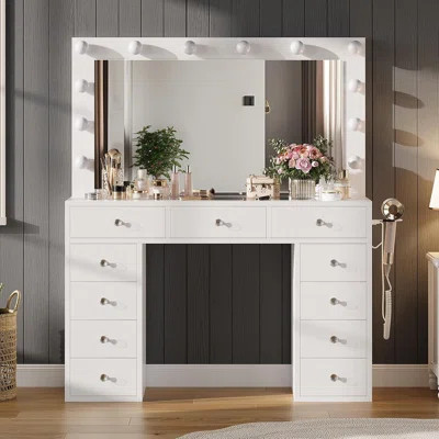 11-Drawer Vanity Desk with LED Lights, Power Outlet & Mirror, Makeup Dressing Table for Bedroom, Dressing Room, White | Wayfair North America