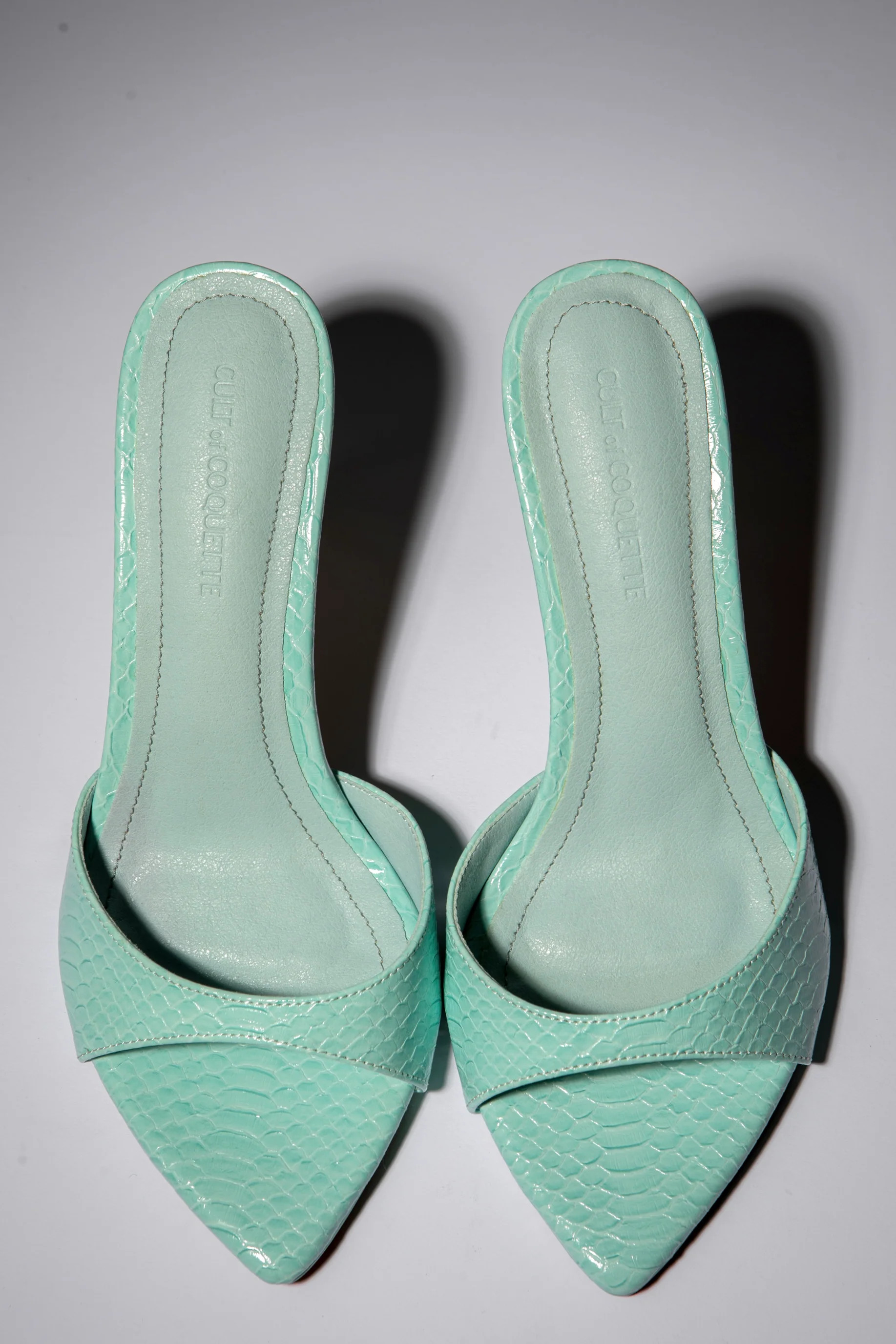 Gia Seafoam Reptile Vegan Mules 80 mm | CULT OF COQUETTE