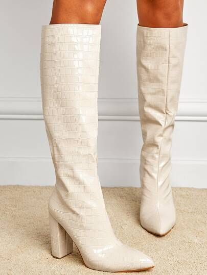 Croc Embossed Chunky Heeled Boots | ROMWE
