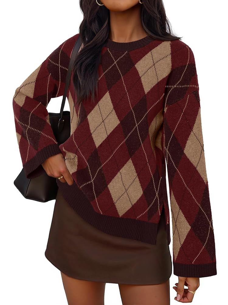 MEROKEETY Women's Long Sleeve Sweaters 2025 Fall Argyle Plaid Crewneck Loose Color Block Knit Pul... | Amazon (US)