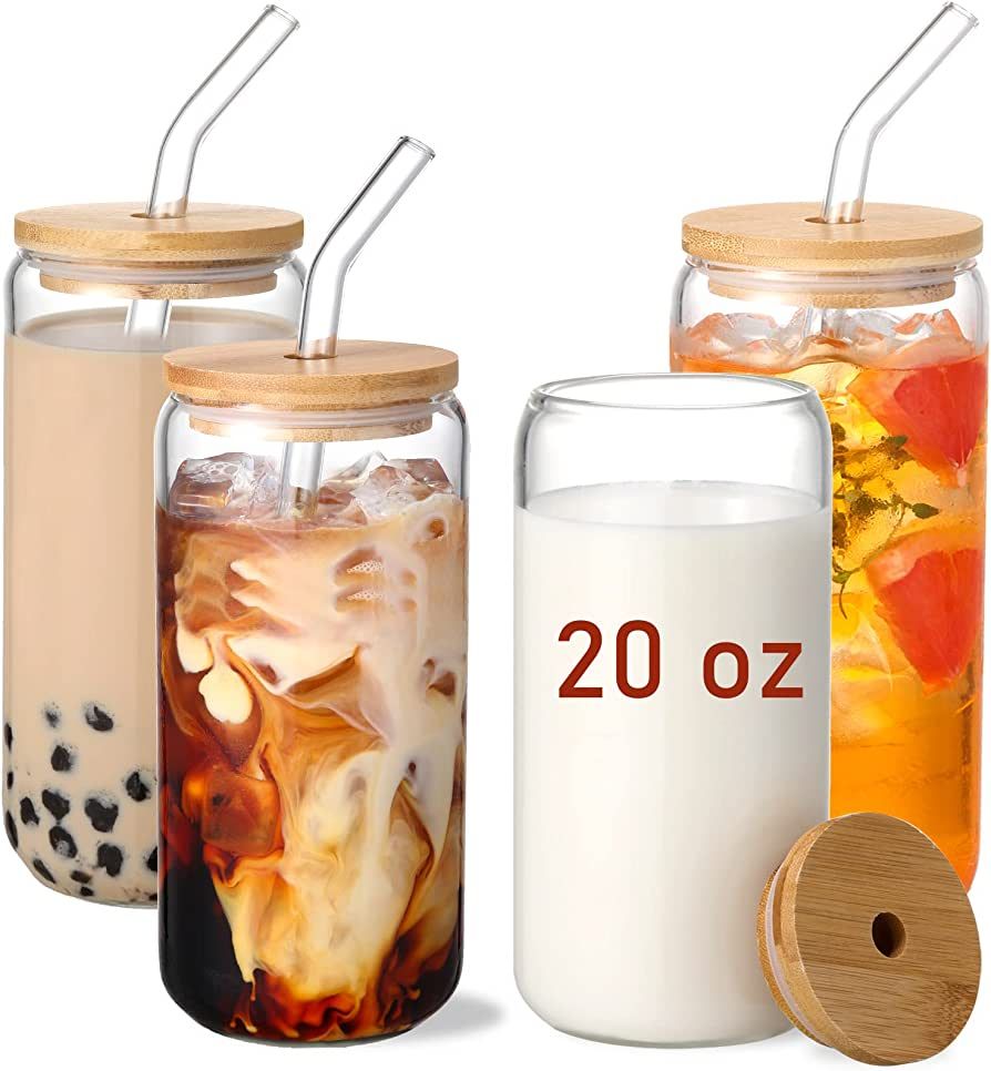 20 OZ Glass Cups with Bamboo Lids and Glass Straw - 4pcs Set Beer Can Shaped Drinking Glasses, Ic... | Amazon (US)