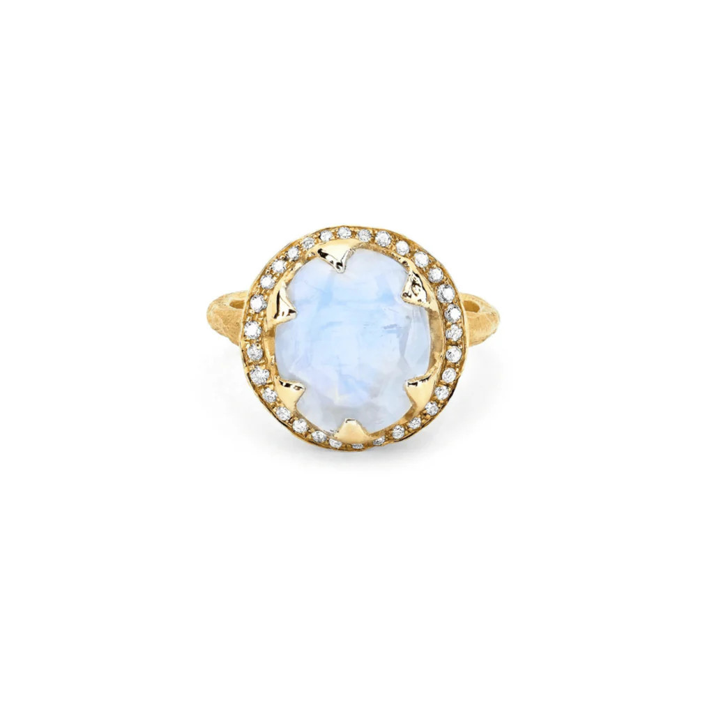 Baby Queen Oval Moonstone Ring with Full Pavé Diamond Halo | Logan Hollowell