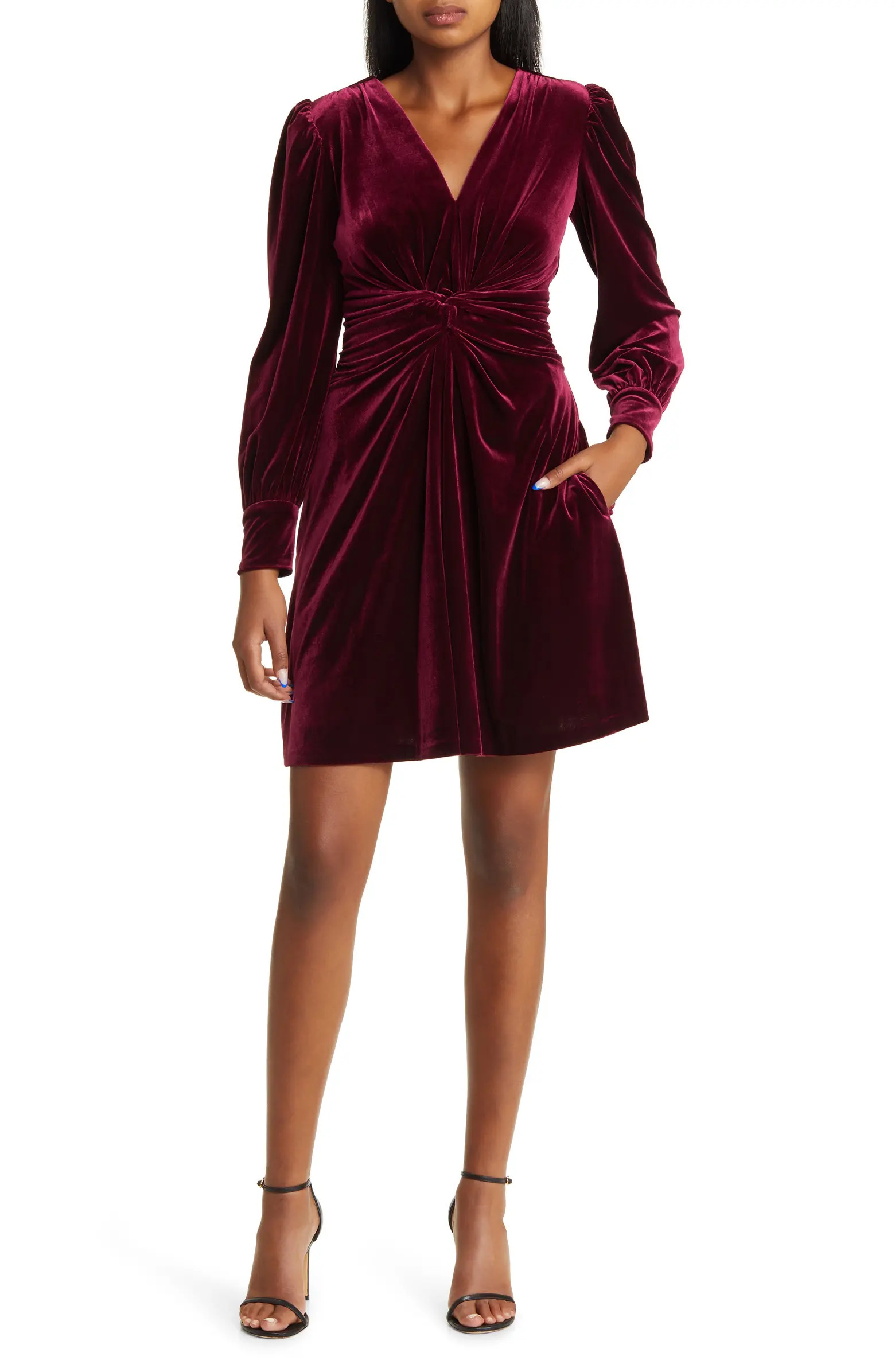 Vince Camuto Twist Front Long Sleeve Velvet Fit & Flare Dress | Nordstrom | Nordstrom
