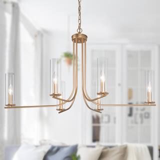 Modern Gold Chandelier 6-Light Linear Candlestick Clear Glass Shades High Ceiling Chandelier | The Home Depot