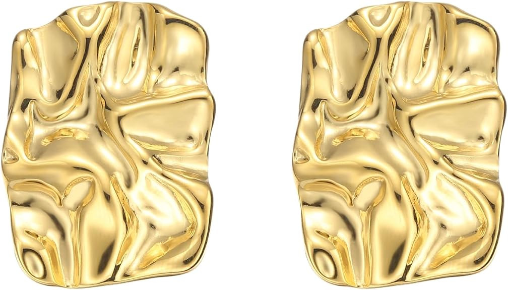 Geometric Rectangle Gold Plated Stud Earrings Irregular Hammered Chunky Statement Square Earrings... | Amazon (US)