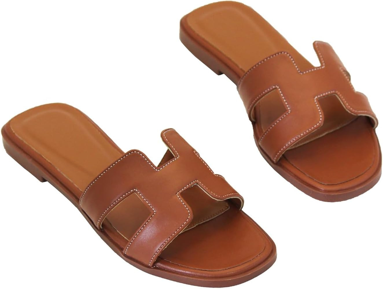 Amazon.com | Women's Flat Sandals, Slip on Slides Summer Fall Shoes Cute Open Toe Slippers (Brown... | Amazon (US)