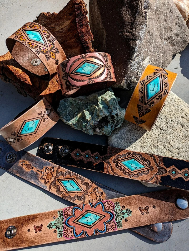 Leather Cuff Bracelet, Hand Tooled & Hand Painted, One of a Kind, Western Boho, Adjustable Fit - ... | Etsy (US)