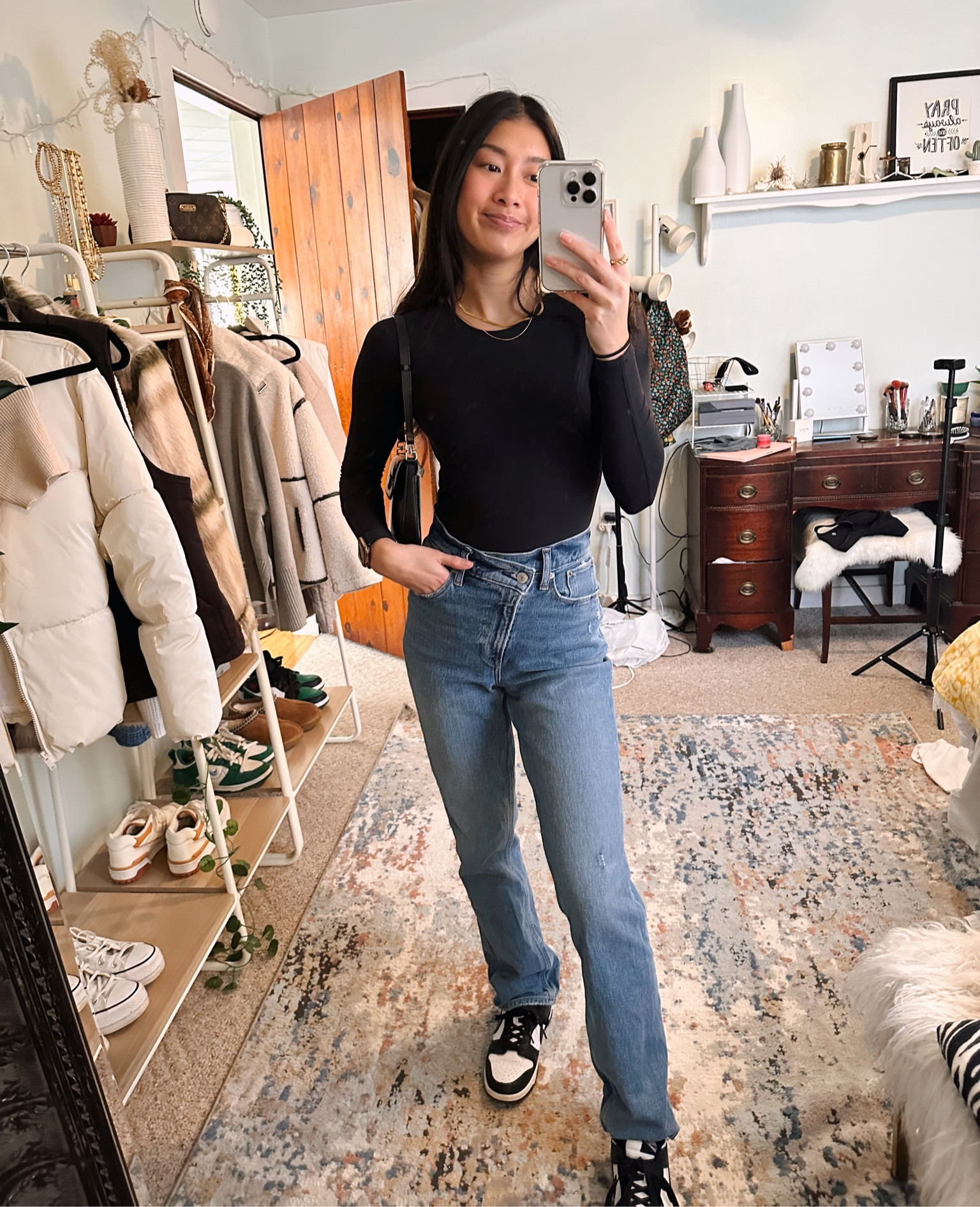 I love this fit!! So comfy and casual but looks out together! 🖤

Casual ootd, Abercrombie jeans, asymmetrical jeans, Nike dunk, skims, bodysuit, skims dupe, mini purse, winter spring outfit inspiration 

#LTKSale #LTKstyletip #LTKSeasonal