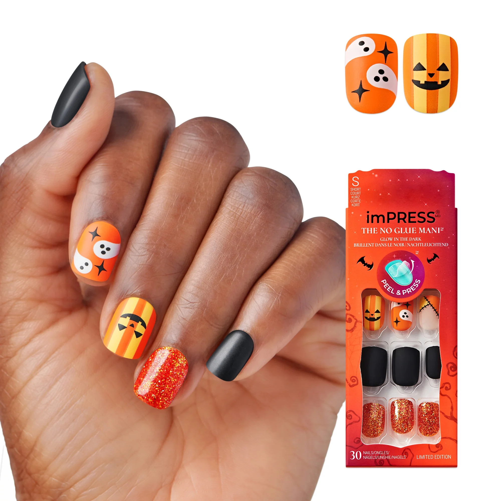 KISS imPRESS Halloween Press On Nails, ‘In Your Sleep’, Orange, Short Squoval, 30 Count | Walmart (US)