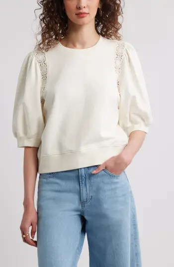 Treasure & Bond Lace Inset Puff Sleeve Crop Sweatshirt in Black at Nordstrom, Size X-Small | Nordstrom
