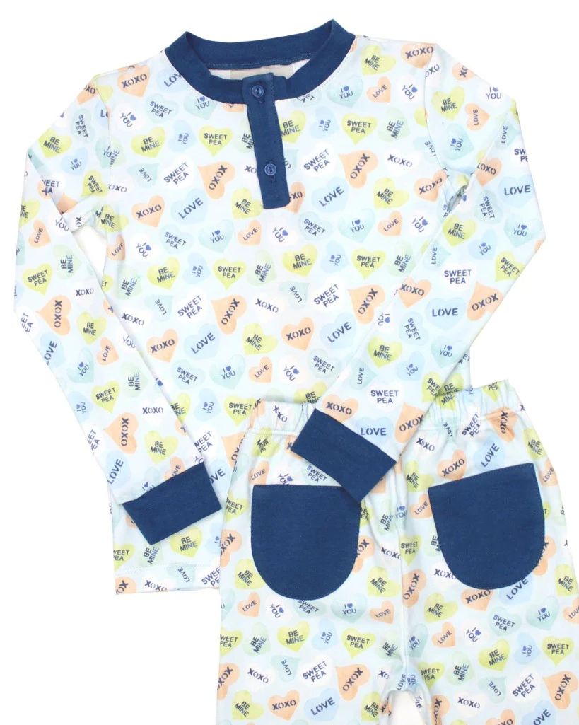 Candy Hearts Pima Pajama Set With Blue Trim | Smockingbird Kids