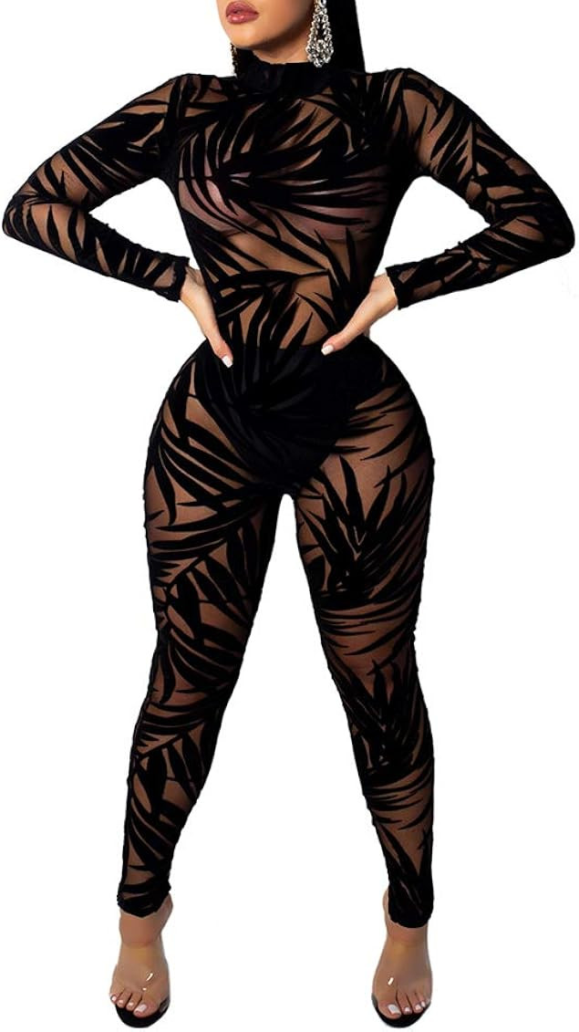 Ophestin Womens Sexy Lace Jumpsuit See Through Mesh Long Sleeve Romper Clubwear | Amazon (US)
