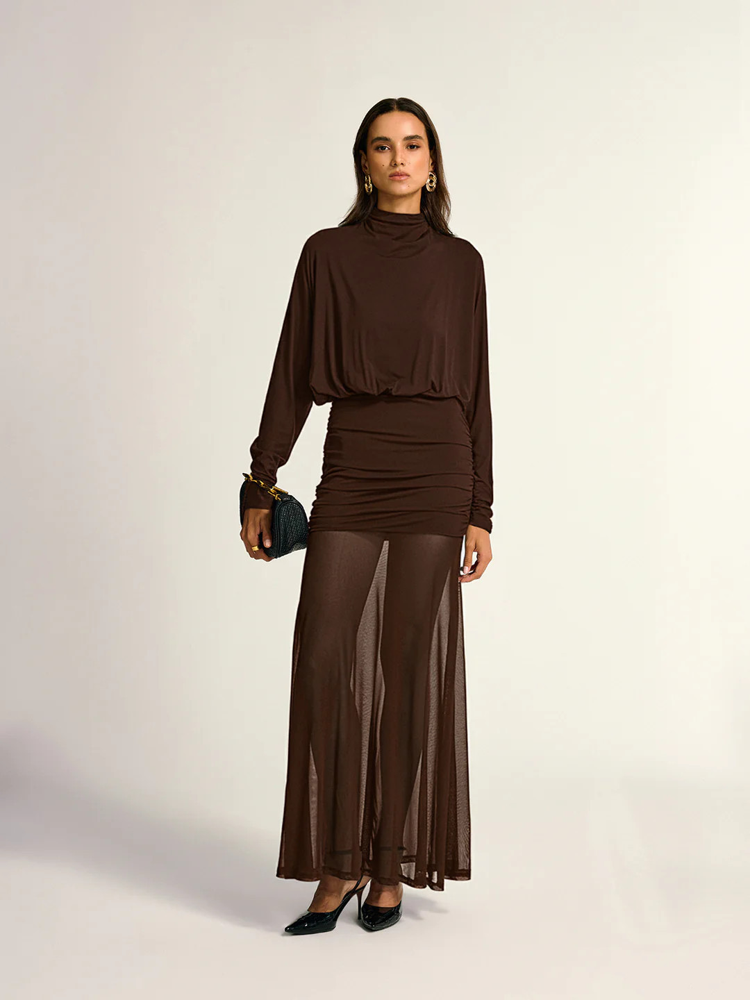 Turtleneck Long Sleeve Drape Ruched Mesh Dress | Commense
