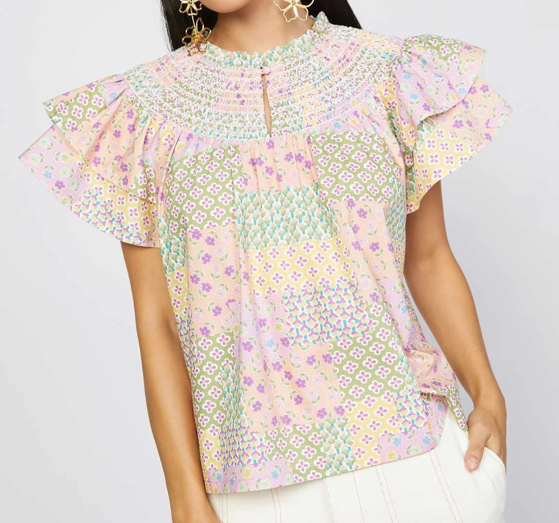 Split Neck Smocked Top with Flutter Sleeves in Pink Multi | Minette