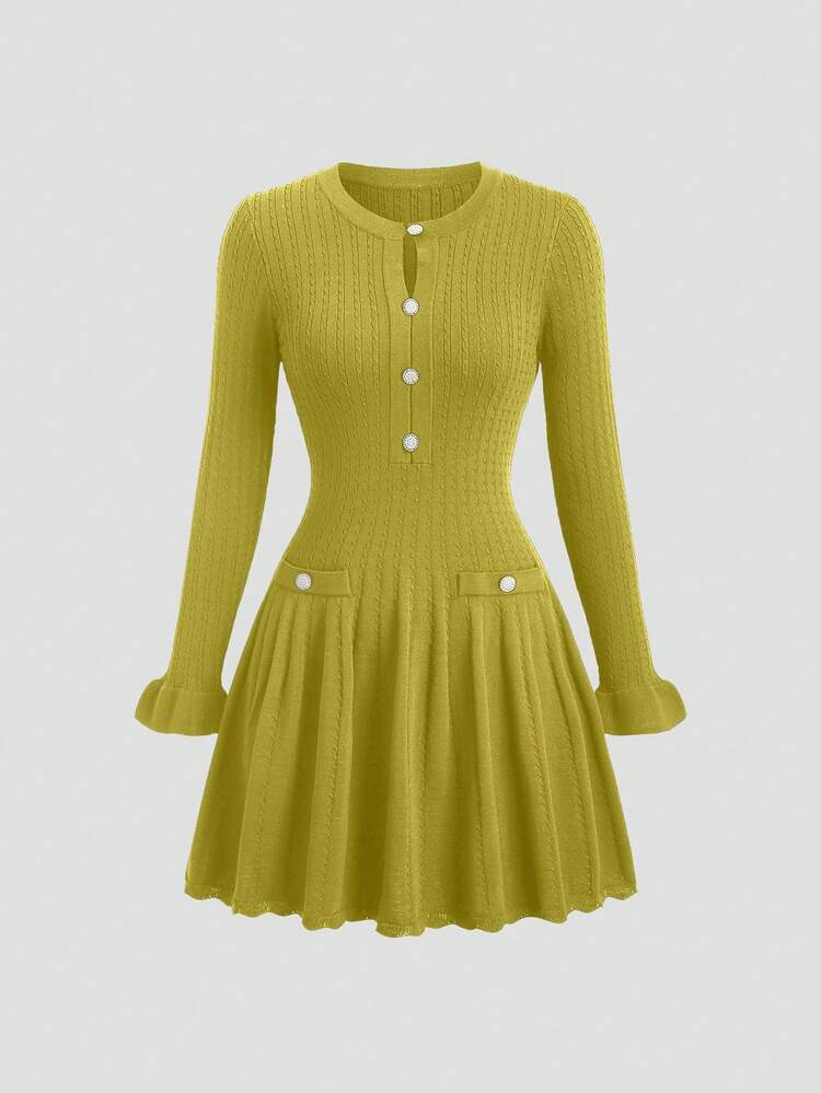 GlowEve Early Autumn French Elegant Style Navy Blue Hollow Out Vintage Ruffle Hem Graceful Long Sleeve Short Knit Dress | SHEIN