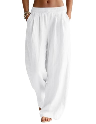 LOMON Linen Pants Women Wide Leg Palazzo Summer Flowy Pants Beach Vacation Clothes Elastic Waist ... | Amazon (US)