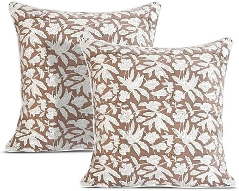 Ridhi Block Print Oak Brown Pillow Cover 20" x 20" (Pack of 2) Decorative Couch Pillows for Livin... | Amazon (US)