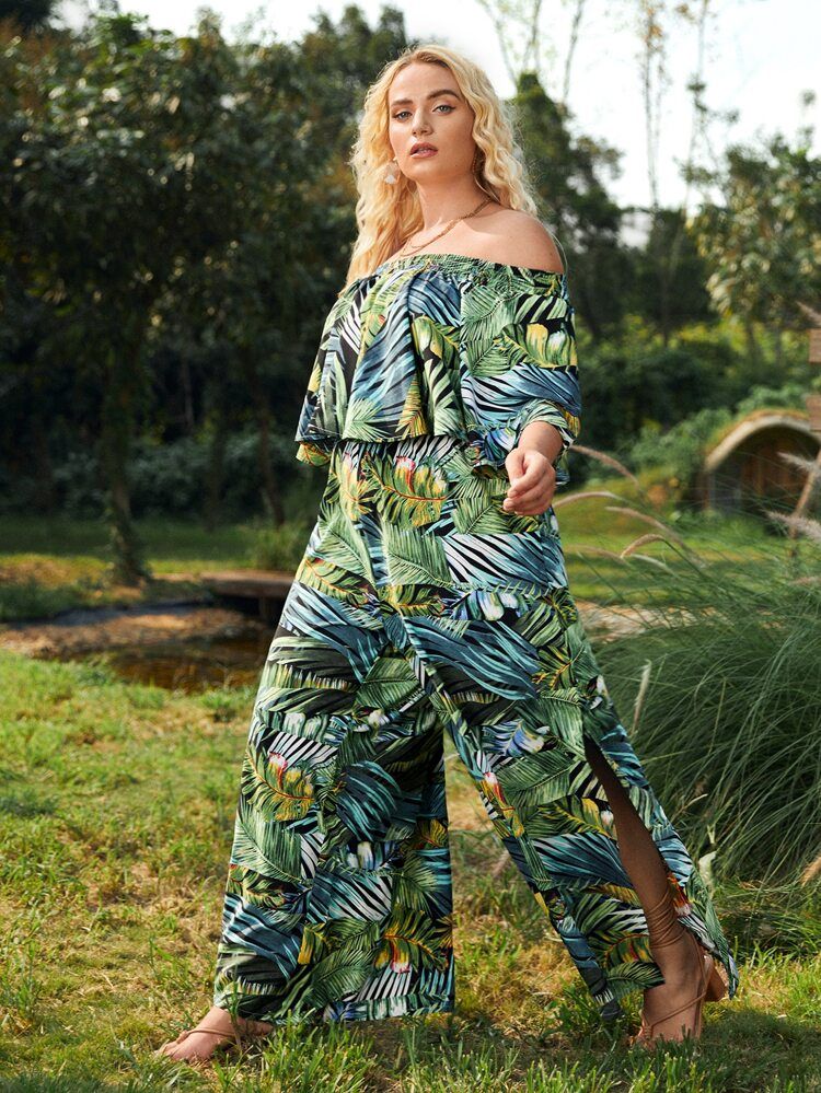 Plus Tropical Print Ruffle Split Bardot Jumpsuit | SHEIN