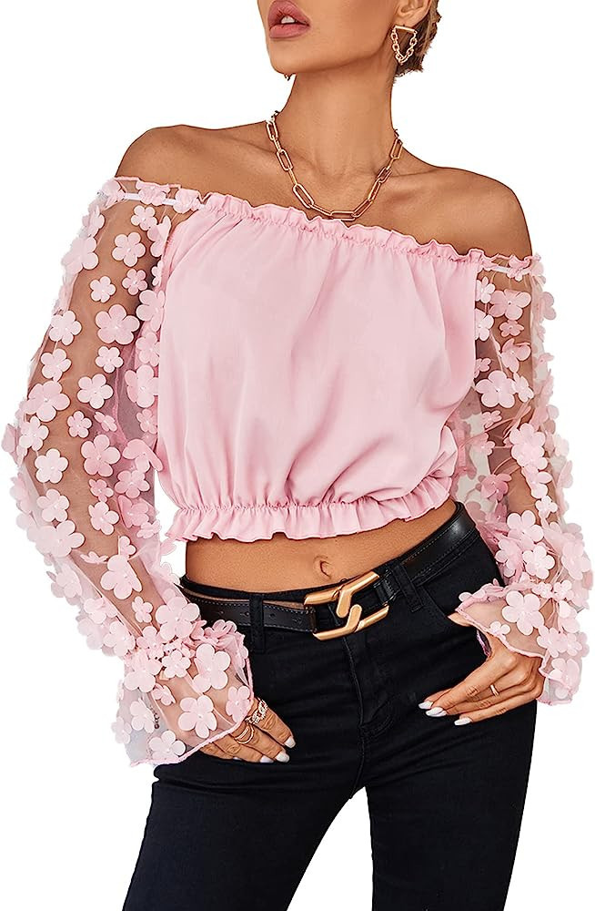 LYANER Women's Off Shoulder Floral Mesh Long Sleeve Ruffle Trim Crop Blouse Top | Amazon (US)