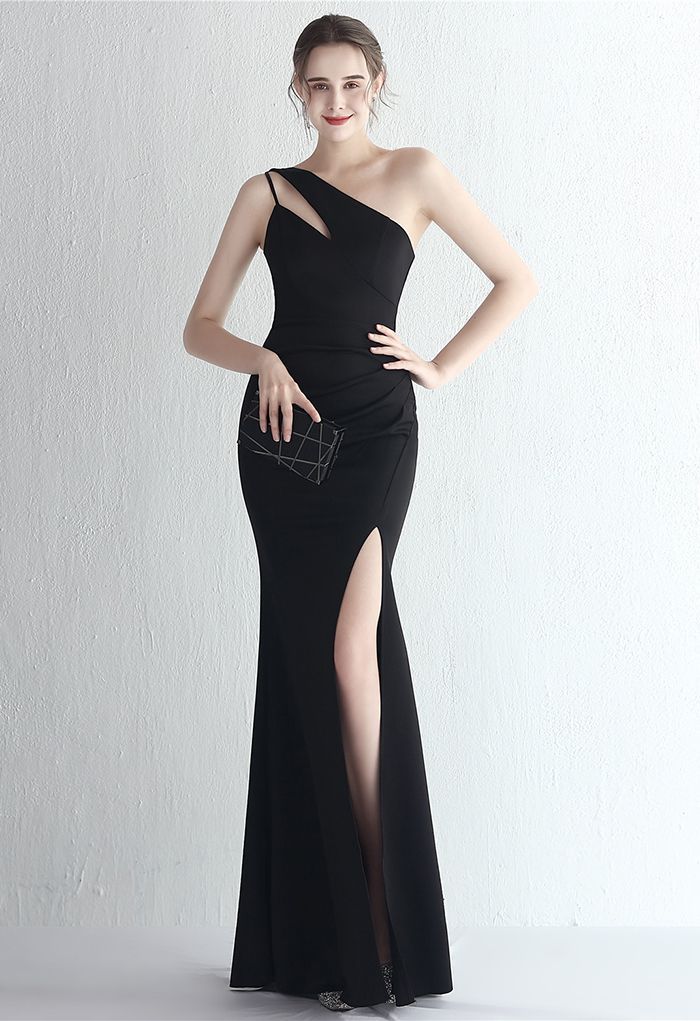 Cutout One-Shoulder Split Gown in Black | Chicwish