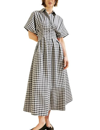 Yeokou Women Plaid Shirt Dress Short Sleeve Button Down Pleated Gingham A Line Maxi Dresses Casua... | Amazon (US)
