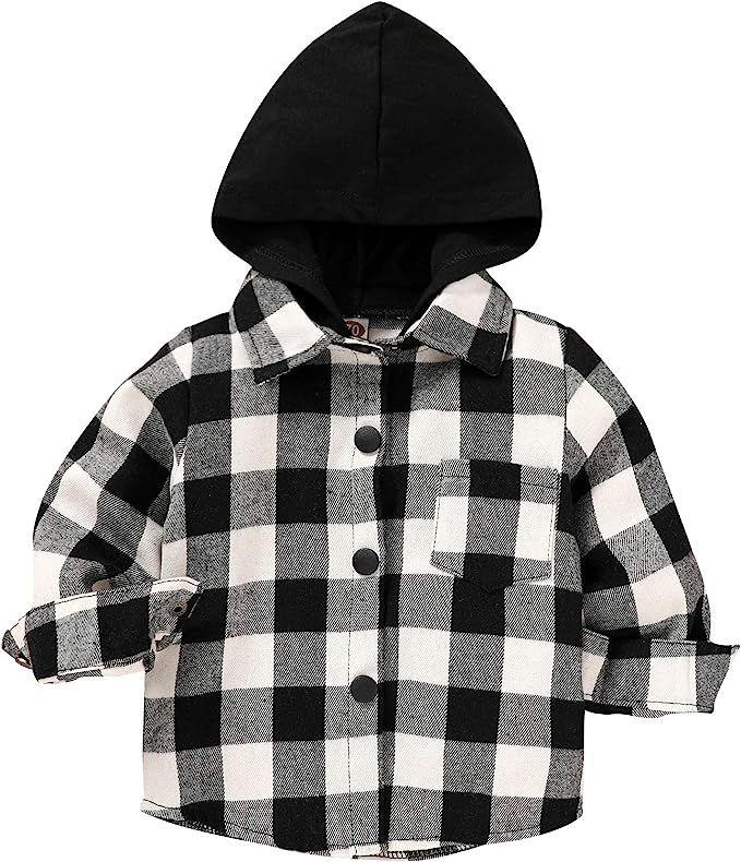 Toddler Kids Boys Girls Flannel Hooded Plaid Shirt Button Baby Red Plaid Shirt Plaid Shirt Hooded... | Amazon (US)