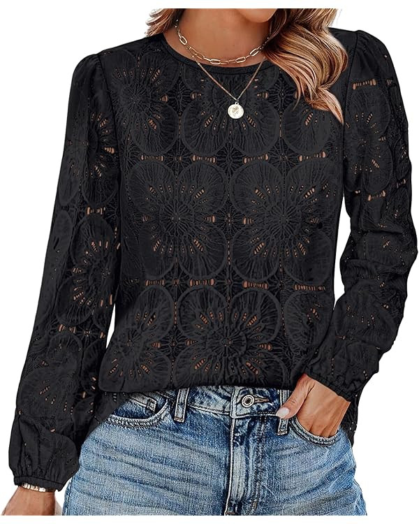 OFEEFAN Blouses for Women Dressy Casual Long Sleeve Shirts Flower Lace Tops Trendy Summer Outfits... | Amazon (US)