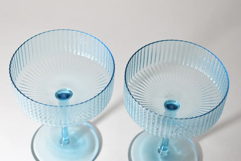 2 Blue Ribbed Coupe Glasses, Vintage Champagne Cocktail Glasses, Blue Colored Glassware, Retro Ba... | Etsy (US)