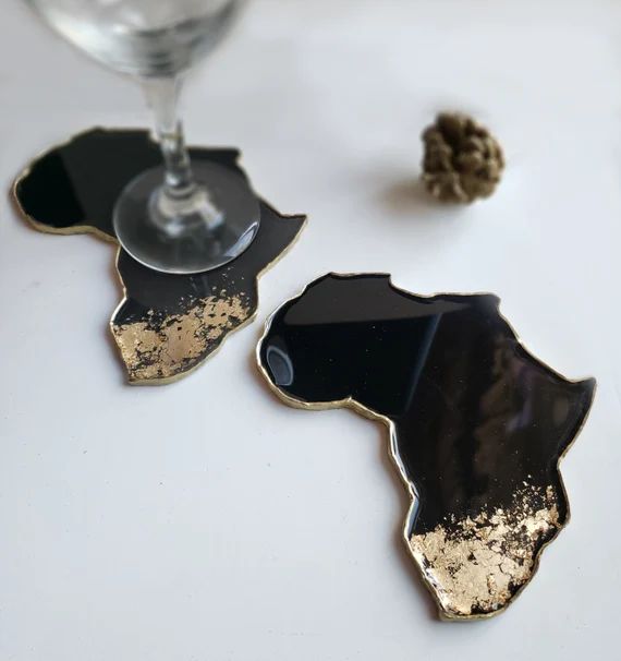 Black and Gold Resin Africa Coaster Set | Etsy (US)