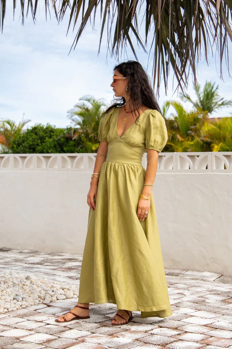 Paradiso Linen Midi Dress Olive | VRG Grl