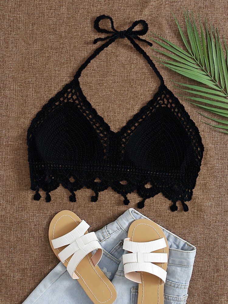 Scallop Trim Knot Halter Bikini Top | SHEIN