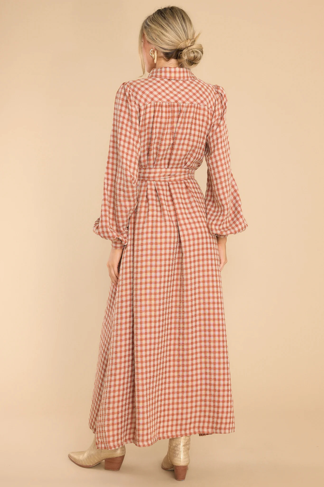 Rustic Elegance Brick Plaid Maxi Dress | Red Dress 