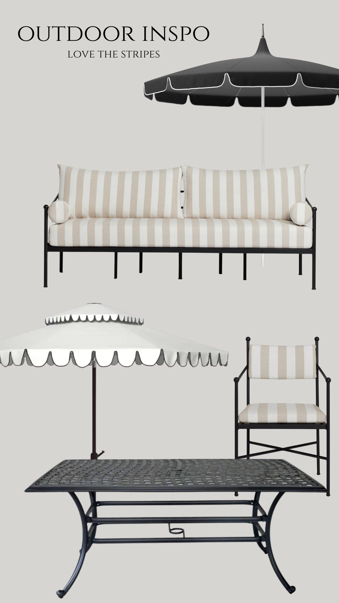 Love all the new retro looking outdoor furniture!
I have the black umbrella and love that it’s Sunbrella!  The white and black has great reviews and a better price point!

I’m loving the striped retro outdoor furniture, a splurge, but definitely makes a statement!  And the outdoor iron table is a great price point and comes in two sizes!

#LTKSaleAlert #LTKHome #LTKFamily