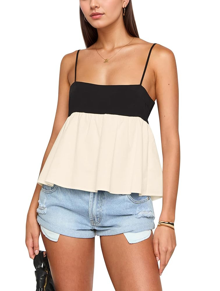 Women Square Neck Sleeveless Contrast Peplum Cami Top Adjustable Spaghetti Strap Two Tone Ruffled... | Amazon (US)