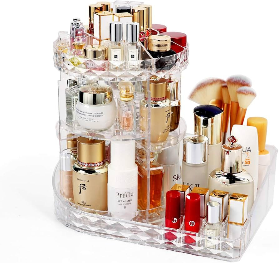 MOOCHI Clear L-Shape Bottom Makeup Organizer 360 Degree Rotating Multi-Function Acrylic Diamond P... | Amazon (US)