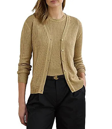 Lauren Ralph Lauren Coordinating Linen Blend Ribbed Knit V-Neck Long Sleeve Cardigan - L | Dillard's