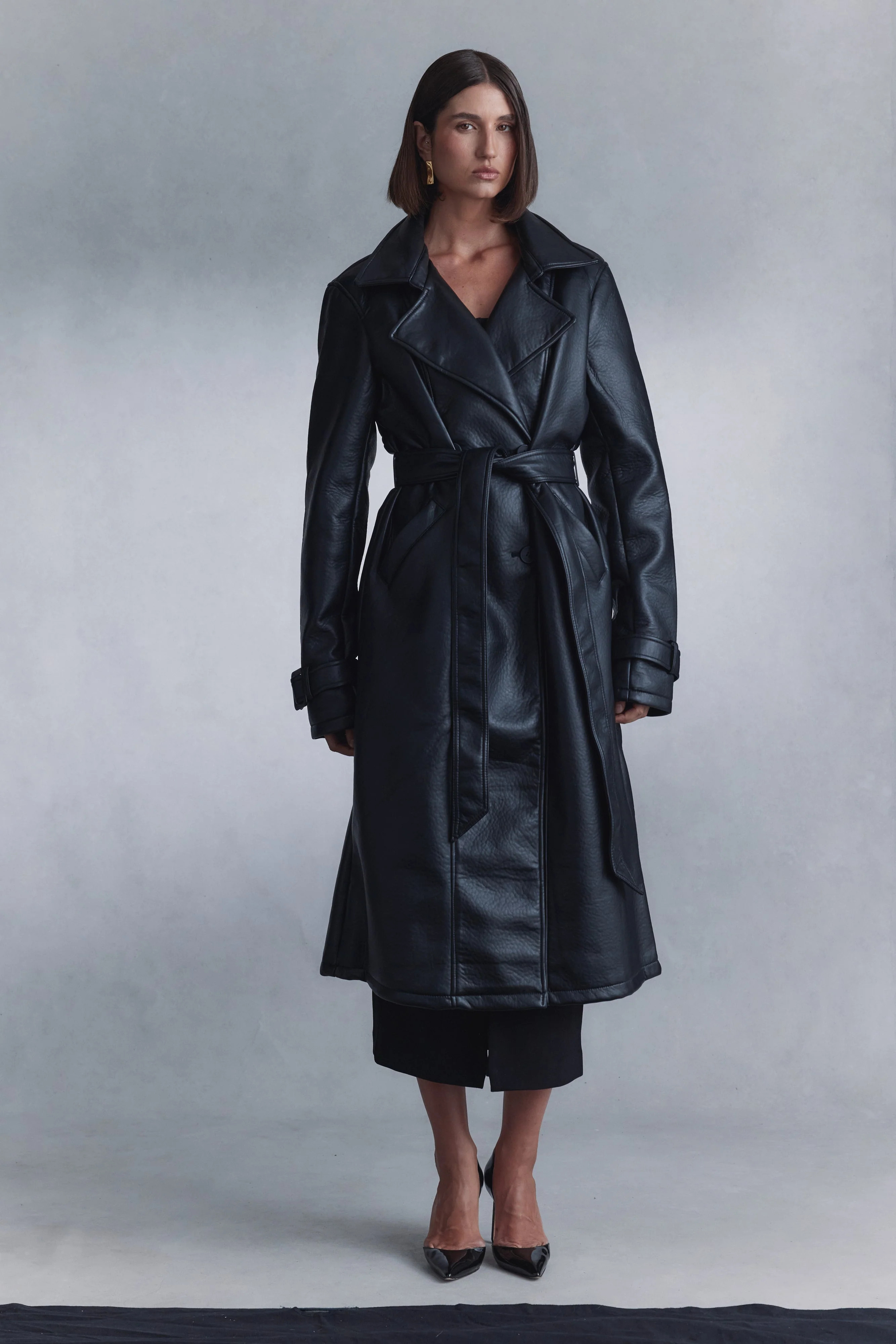 Tarah Faux Leather Trench Coat - Black | MESHKI US