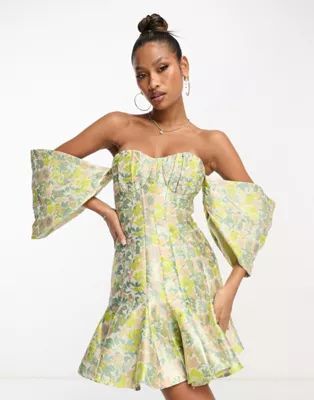ASOS LUXE jacquard cupped off shoulder mini dress with godet detail in floral | ASOS (Global)