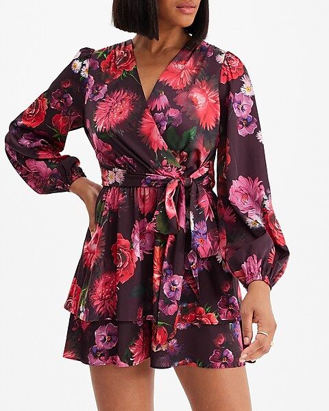 Floral Satin Ruffle Wrap Front Romper | Express