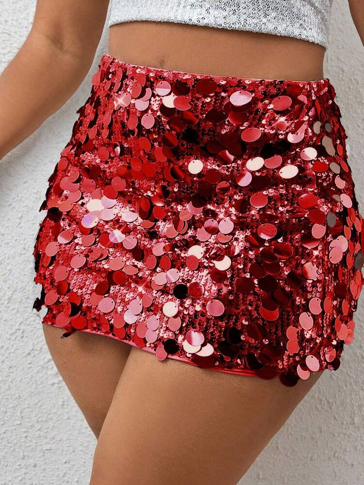 Allurite Plus Size Shiny Sequin Skirt For New Year Holiday Party Clothes | SHEIN
