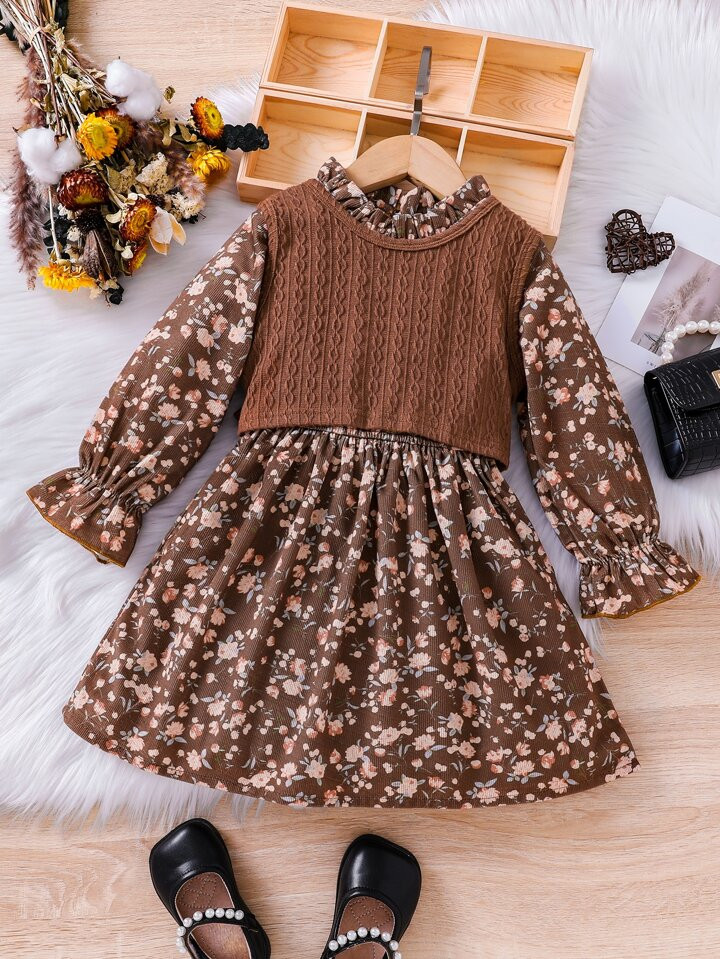 Young Girl Ditsy Floral Print Flounce Sleeve Dress & Tank Top | SHEIN