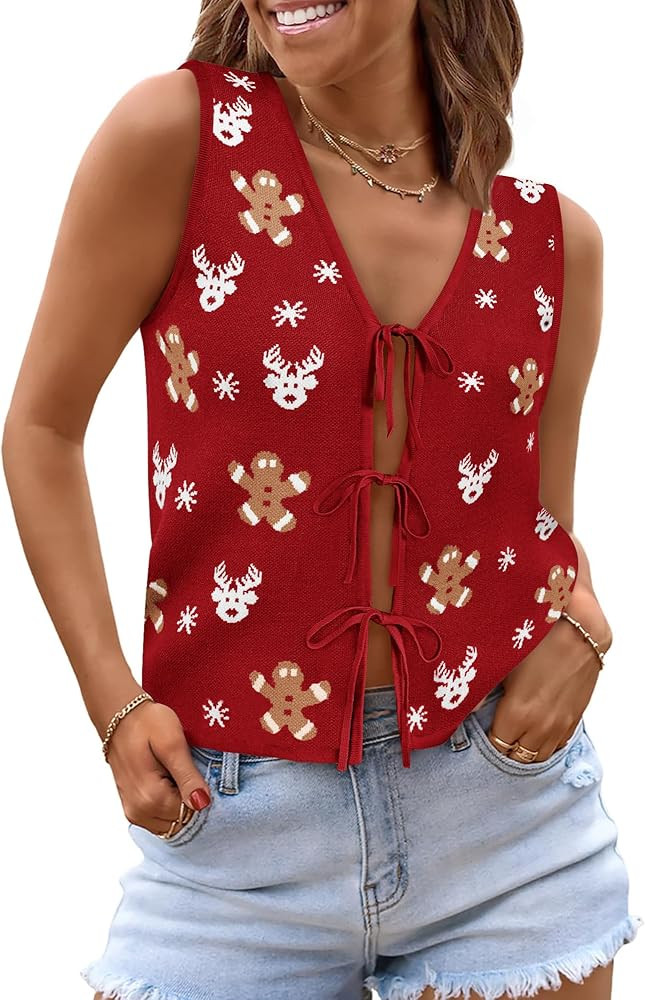Womens Tie Front Tops Trendy 2025 Summer V Neck Sleeveless Sweater Vests Fashion Cute Crochet Kni... | Amazon (US)