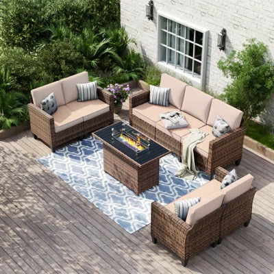 Meyah 7 - Person Outdoor Wicker Patio Sofa Seating Group With Fire Pit Table | Wayfair North America