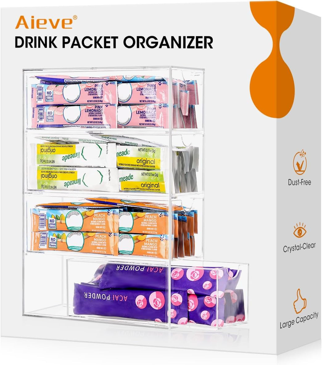 AIEVE Drink Packet Organizer, Drink Mix Holder with 4 Clear Drawers, Acrylic Water Flavor Packets Container, Kitchen Storage Organizers for Pantry Home Organization | Amazon (US)