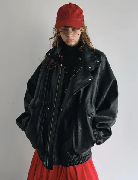 Black Funnel Neck Leather Jacket-PREORDER | Pixie Market