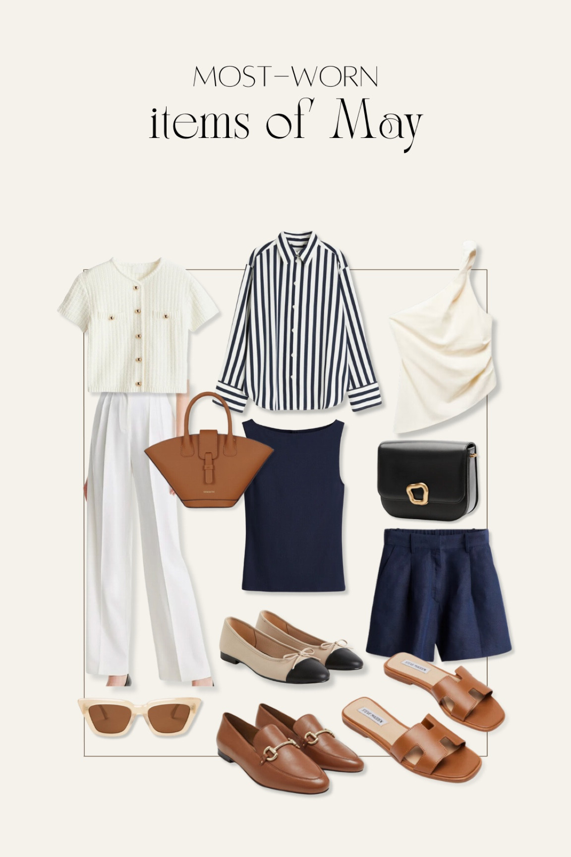 my most-worn items in May 💫 

knit cardigan | striped shirt | summer bag | summer wardrobe | white pants | navy shorts | neutral ballet flats | tan slides

#LTKStyleTip #LTKWorkwear #LTKShoeCrush