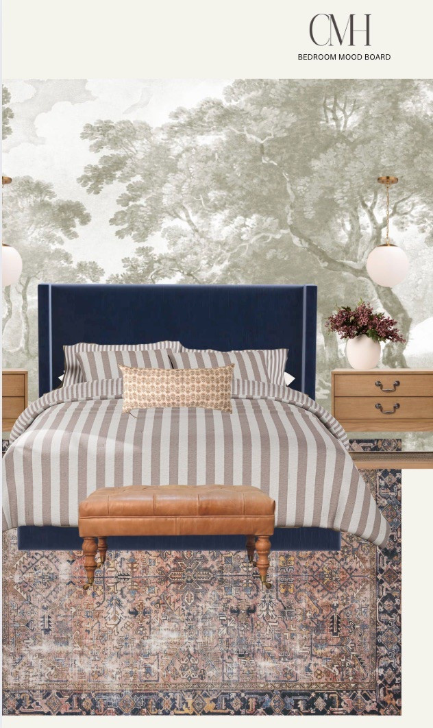 If you want a moody and beautiful bedroom, the perfect solution is a wallpaper mural like this one! Match a color from the wallpaper for the rest of the room, and layer in some wood tones, velvet, mood lighting (like hanging beside pendants), and a gorgeous rug. I’m obsessed with the sharp lines of this velvet wing back bed in a deep blue.

I have bedding just like this on the Murphy bed in my basement and everyone always asks for the links. The bedding is a dupe from Walmart! They look almost identical ✨

#LTKFamily #LTKStyleTip #LTKHome