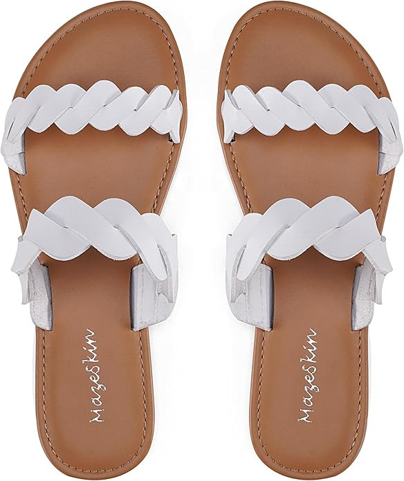 mazeskin Women's Memory Foam Comfortable Flat Banded Two Braided Straps Slide Sandals | Amazon (US)